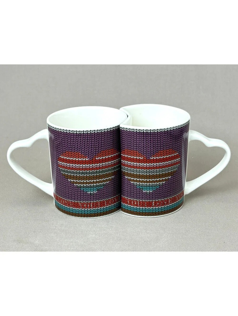 Interlocking Couple Heart Mug Set Faux Knit Pattern Heart Handles Ceramic Purple